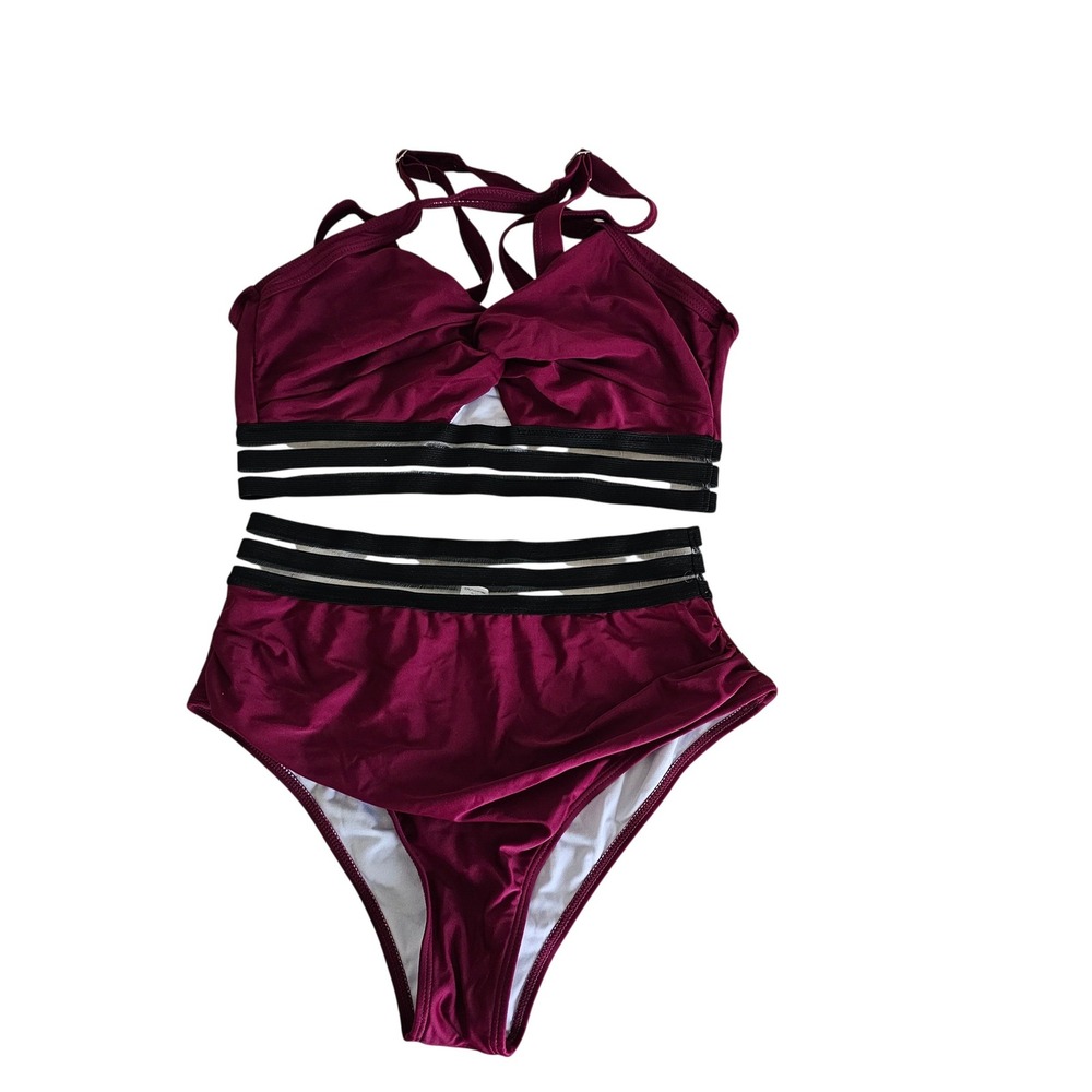 Eomenie Burgundy Twist Front High Waisted Bikini Set Mesh Trim Medium
